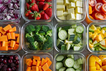 vibrant fresh produce meticulously arranged in glass containers colorful fruits and vegetables for healthy meal prep closeup food photography