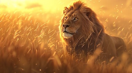 A majestic lion, standing tall in the savannah grass under golden sunlight. In the style of ret...