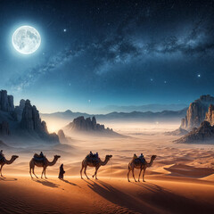 A group of camels walking through a desert landscape at night, with a large full moon in the sky and mountains in the background