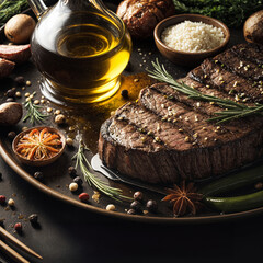 A grilled steak on a wooden plate surrounded by various spices, herbs, and vegetables including tomatoes, garlic, and peppercorns