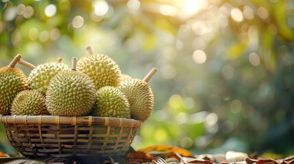 Durian fruits in bamboo baskets, ready for harvest, under durian trees, blurry green garden background, three-quarter side view, copy space for text