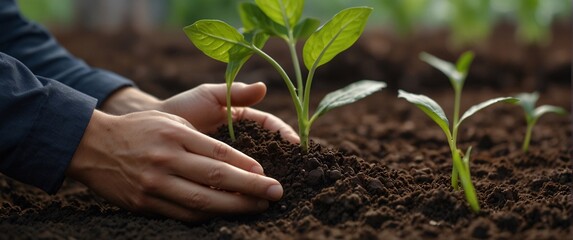 Expert hand of farmer checking soil health before growth a seed of vegetable or plant seedling, Business or ecology concept, analyze complex data sets in real-time, with a digital interface overlaid o