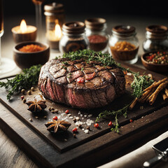 A medium-rare grilled steak with herbs and spices on a wooden board, surrounded by various seasonings and condiments