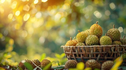 Side view of bamboo baskets filled with durian fruits ready for harvest, nestled under durian...