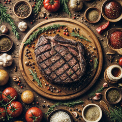 A medium-rare grilled steak with herbs and spices on a wooden board