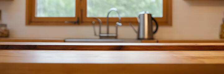 interior of a kitchen Wooden texture table top on blurred kitchen window background. Studio photo for product display or design key visual layout. For showcase or montage your items  foods Mock up