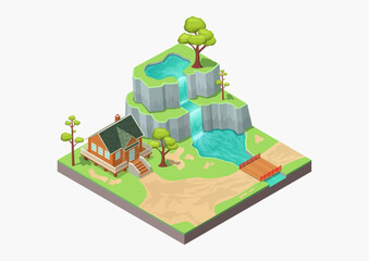 Isometric beautiful house beside mountain