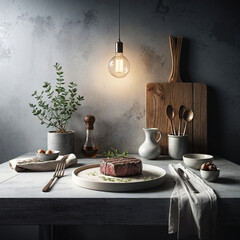 A medium-rare grilled steak with herbs and spices on a wooden board, surrounded by various seasonings and condiments