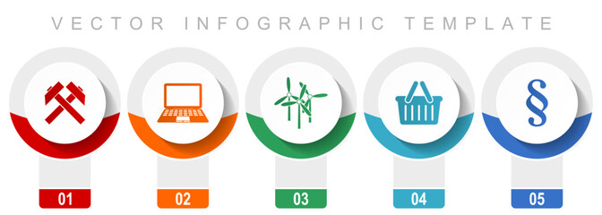 Commerce icon set, miscellaneous vector icons such as mining, laptop, wind turbine, shop basket and law, modern design infographic template, web buttons in 5 color options