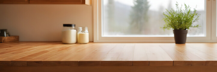 interior of a kitchen Wooden texture table top on blurred kitchen window background. Studio photo for product display or design key visual layout. For showcase or montage your items  foods Mock up