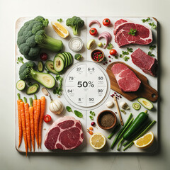 A balanced diet plate with various healthy foods including vegetables, fruits, meat, and dairy products. The plate is divided into sections showing the recommended proportions of different food groups