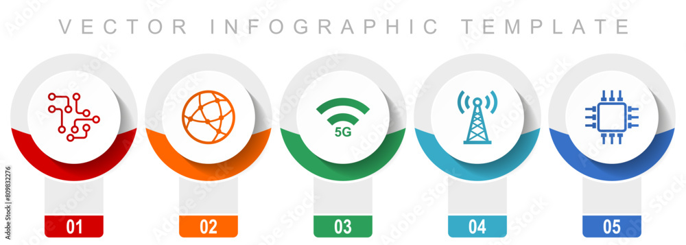 Aufkleber Technology and computer icon set, miscellaneous vector icons such as chip, globe, 5g, antenna and computer, modern design infographic template, web buttons in 5 color options