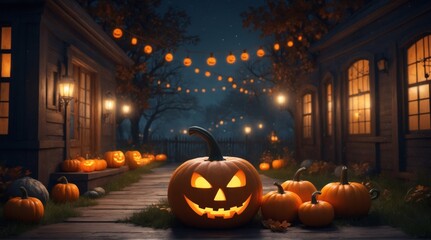 Spooky halloween background picture with jack-o-lanterns bads and a scary environment by night. Halloween background picture for invitations, party voucher or website banner. Generative AI