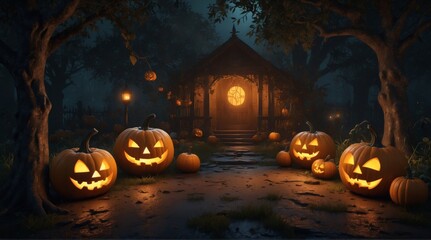 Spooky halloween background picture with jack-o-lanterns bads and a scary environment by night. Halloween background picture for invitations, party voucher or website banner. Generative AI