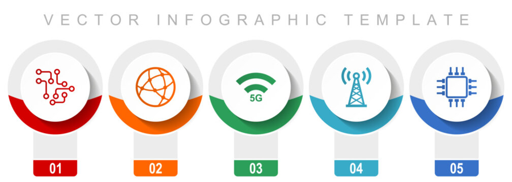 Technology and computer icon set, miscellaneous vector icons such as chip, globe, 5g, antenna and computer, modern design infographic template, web buttons in 5 color options
