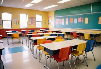 A school classroom with colorful chairs and tables for children
