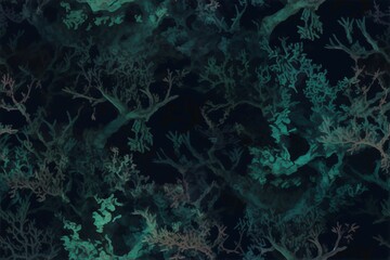 Watercolor coral and seaweed, in soothing shades of blue and green on black background seamless pattern