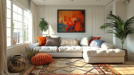 Elegant living room interior with a grey sofa, wooden shelves, plants and paintings on the wall