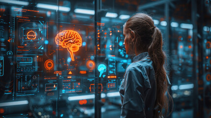 Obraz premium Cutting-edge medical technology with a digital interface showcasing brain testing results, juxtaposed against the backdrop of a laboratory or surgery.