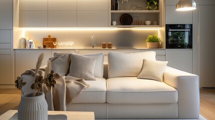 Elegant Small Apartment Interior Featuring Modern White Sofa and Sleek Kitchen Design