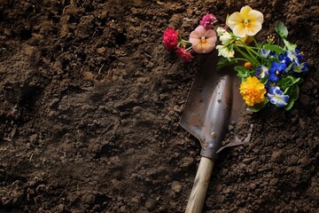 Closeup of a garden shovel in soil with blooming flowers, ideal for gardening ads, with room for promotional text