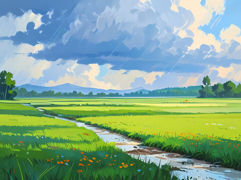 Sunshower summer rain above lush anime style grass field with a pathway in minimalist cartoon painting style