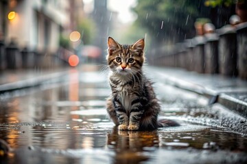 A stray animal. A wet, sad, abandoned, hungry kitten is sitting in a puddle in the rain. Shelter,...