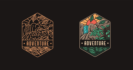 Emblem rainforest and waterfall adventure logo icon vector template on black background