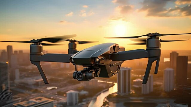 Quadcopter soaring high above an urban skyline, capturing breathtaking aerial views. Drone. Cityscape, sunset Urban exploration, modern technology. Close up. Motion