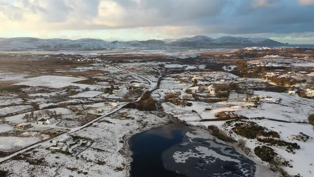 Aerial view of a snow covered Kilclooney by Portnoo, Ireland