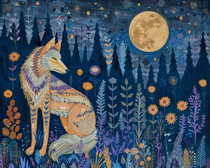 Serene, moonlit forest night in traditional Madhubani Bharni style painting of a wolf, gracefully adorned with lavender flowers