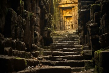 Obraz premium Mysterious Ancient old stairs tomb. Structure light. Generate Ai