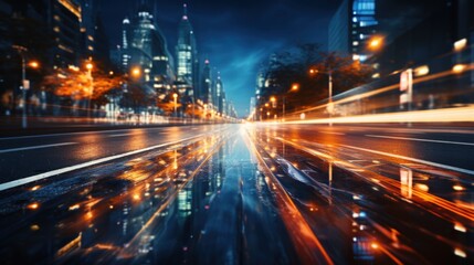 Obraz premium Dynamic Urban Scene: Light Trails and City Skyline at Night with Motion Blur