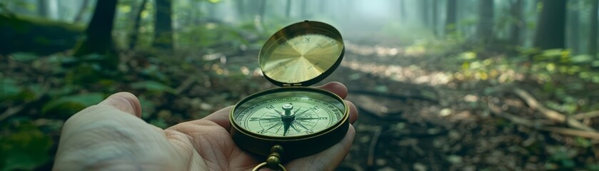 Closeup stock photo of a hand holding a compass in a forest, great for adventure travel ads, with copy space