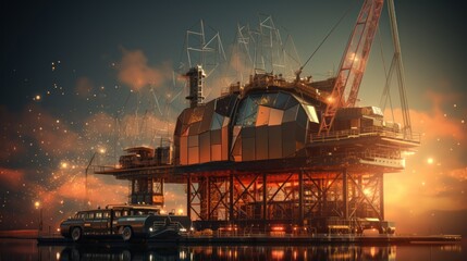 Futuristic Gasoline Station Concept on Water at Sunset with Energy Themes