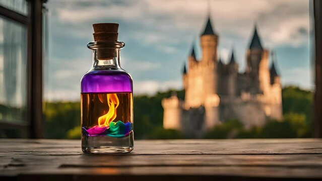 Enchanting potion bottle with multicolored flames, set against a castle backdrop. Magical elixir in a glass container. Concept of Halloween, fantasy, alchemy, mysticism, and magical realms. Motion