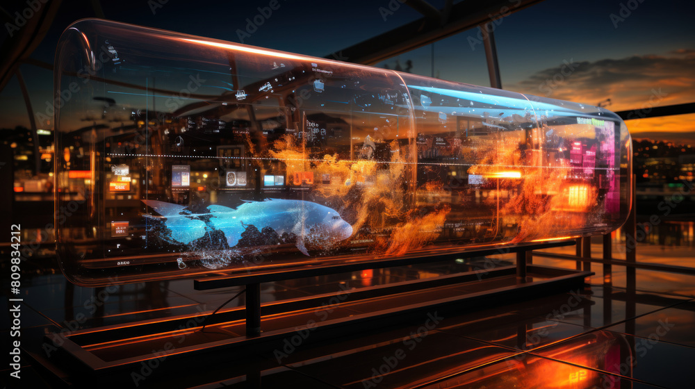 Poster futuristic transportation hub displaying interactive flight information at dusk