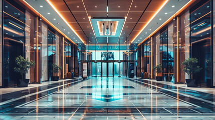 Modern Hotel Lobby with Elegant Marble Flooring and Comfortable Seating Area, Contemporary Interior Design in a Business Setting