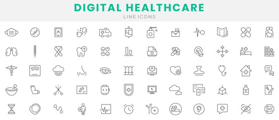 Digital healthcare medicale icon set. Healthcare, medical, medicine, check up, doctor, dentistry, pharmacy, lab, scientific discovery icons collection. Outline icon collection. Thin outline icons pack