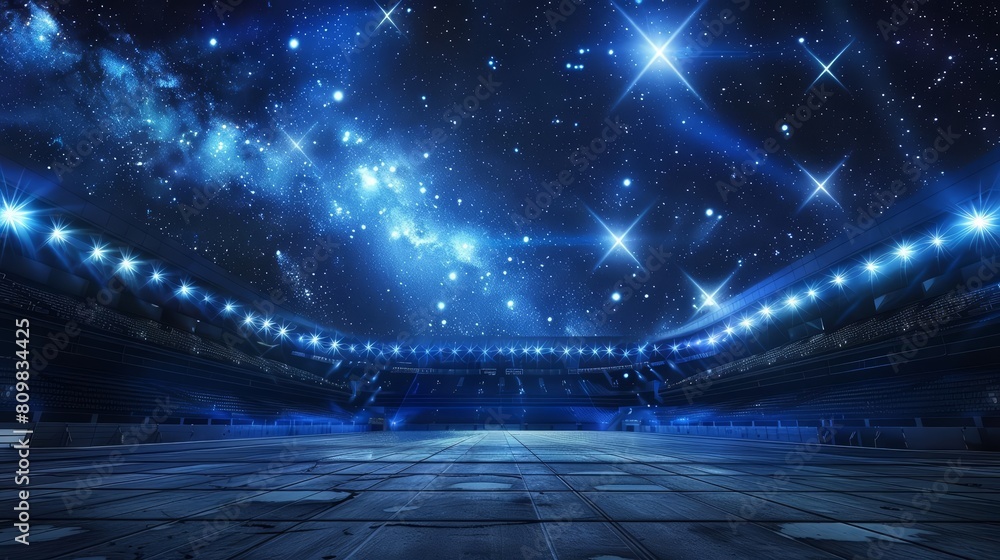 Poster an empty multipurpose stadium illuminated by holographic projectors under a starry sky, designed for