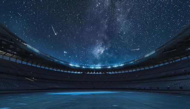 An empty stadium, once the roar of massive crowds, now hosts a silent concert of virtual performers under starry skies