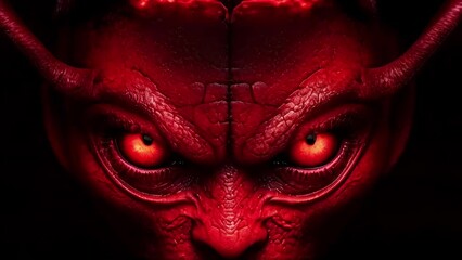 Sinister demon with red eyes and horns in dark ambiance. Creepy devil with intense stare. Concept of Halloween, Day of the dead, fantasy, horror, mythical creatures. Motion - Powered by Adobe
