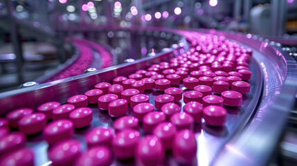 Pharmaceutical manufacturing with a captivating image of a conveyor belt carrying rows of purple capsules.