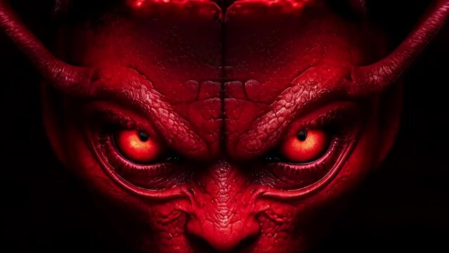 Sinister demon with red eyes and horns in dark ambiance. Creepy devil with  intense stare. Concept of Halloween, Day of the dead, fantasy, horror, mythical creatures. Motion
