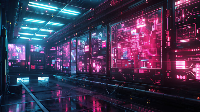 Futuristic  concept. Highly detailed image of a futuristic command center with glowing screens, advanced interfaces, and neon lighting reflecting on metallic surfaces.