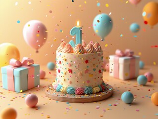 Joyful First Birthday Bash with Colorful Sprinkle Cake and Pastel Balloons on a Cheerful Peach Background