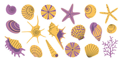 Large summer set of isolated sea flat cartoon underwater world elements, variety of bright seashells, starfish, sea urchins, corals for pattern, stickers, logo. Vector EPS10
