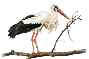 Fototapeta premium A stork with a twig in its beak for nesting, isolated on a white background