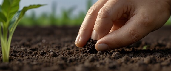 Expert hand of farmer checking soil health before growth a seed of vegetable or plant seedling, Business or ecology concept, analyze complex data sets in real-time, with a digital interface overlaid o