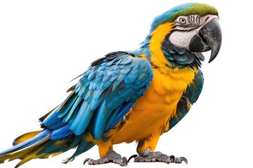 Fototapeta premium A macaw with bright blue and yellow feathers, squawking, isolated on white